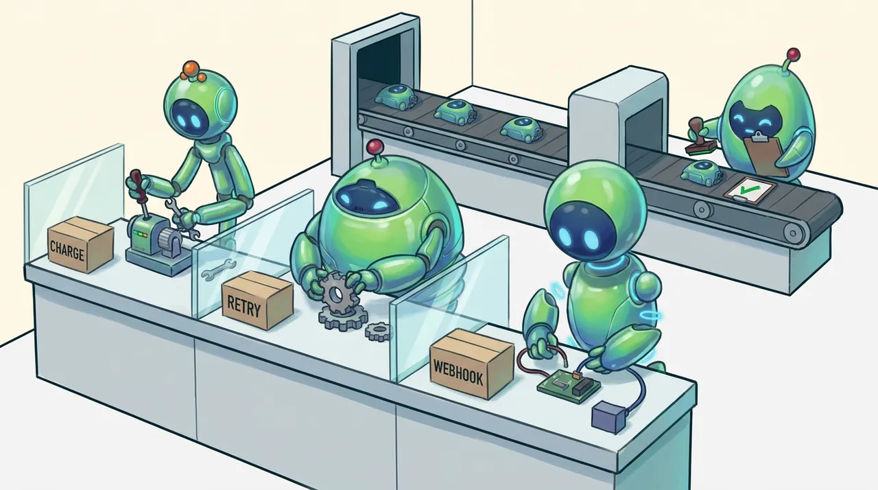 Three BAND robots work at separate benches on charge, retry, and webhook parts while a fourth robot stamps approved parts on a conveyor