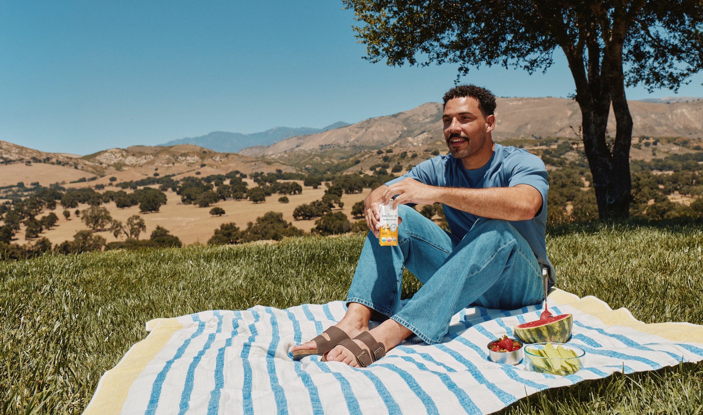 A man sitting on a striped picnic blanket in the hills, holding a Kate Farms nutrition shake.