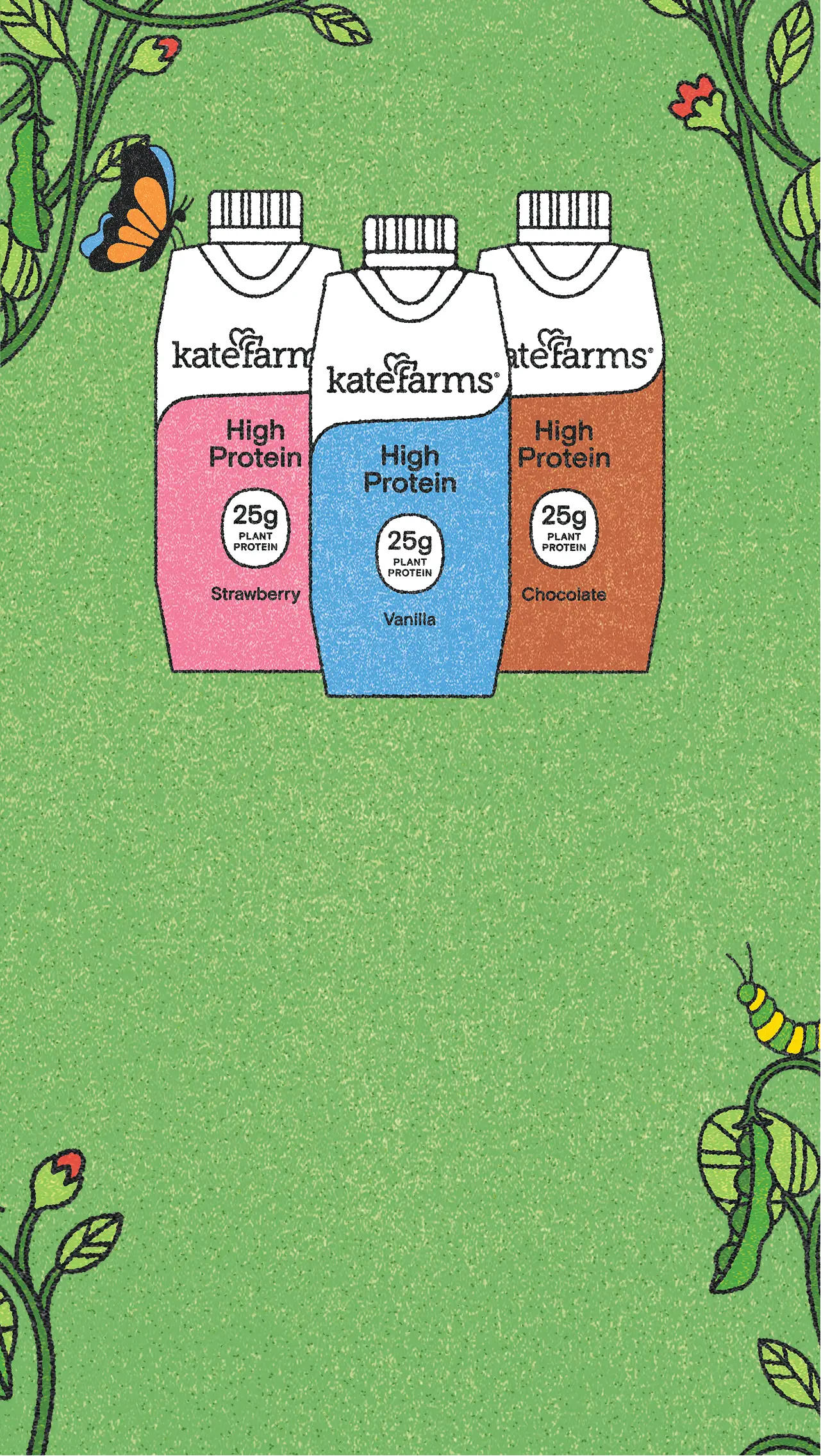 Kate Farms High Protein Nutrition Shake in Strawberry, Vanilla and Chocolate on an illustrated green garden background