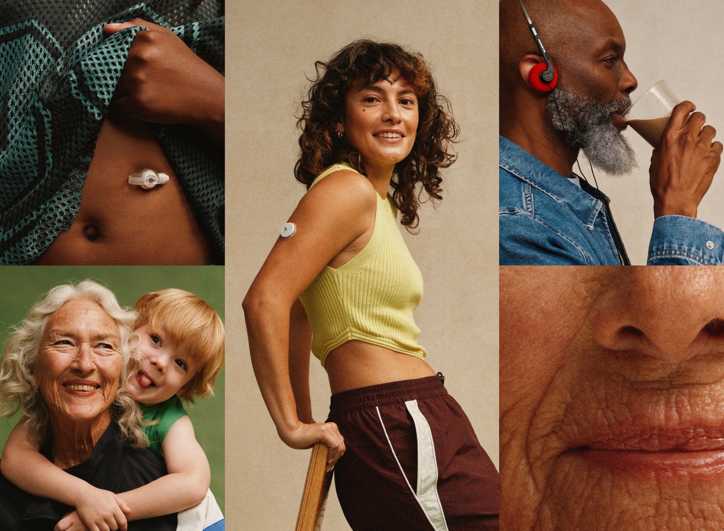 A collage of five portraits: a feeding-tube button on a stomach, a grandmother carrying her grandson, a smiling woman wearing a glucose monitor, a man drinking a shake, and a close-up of an older face.