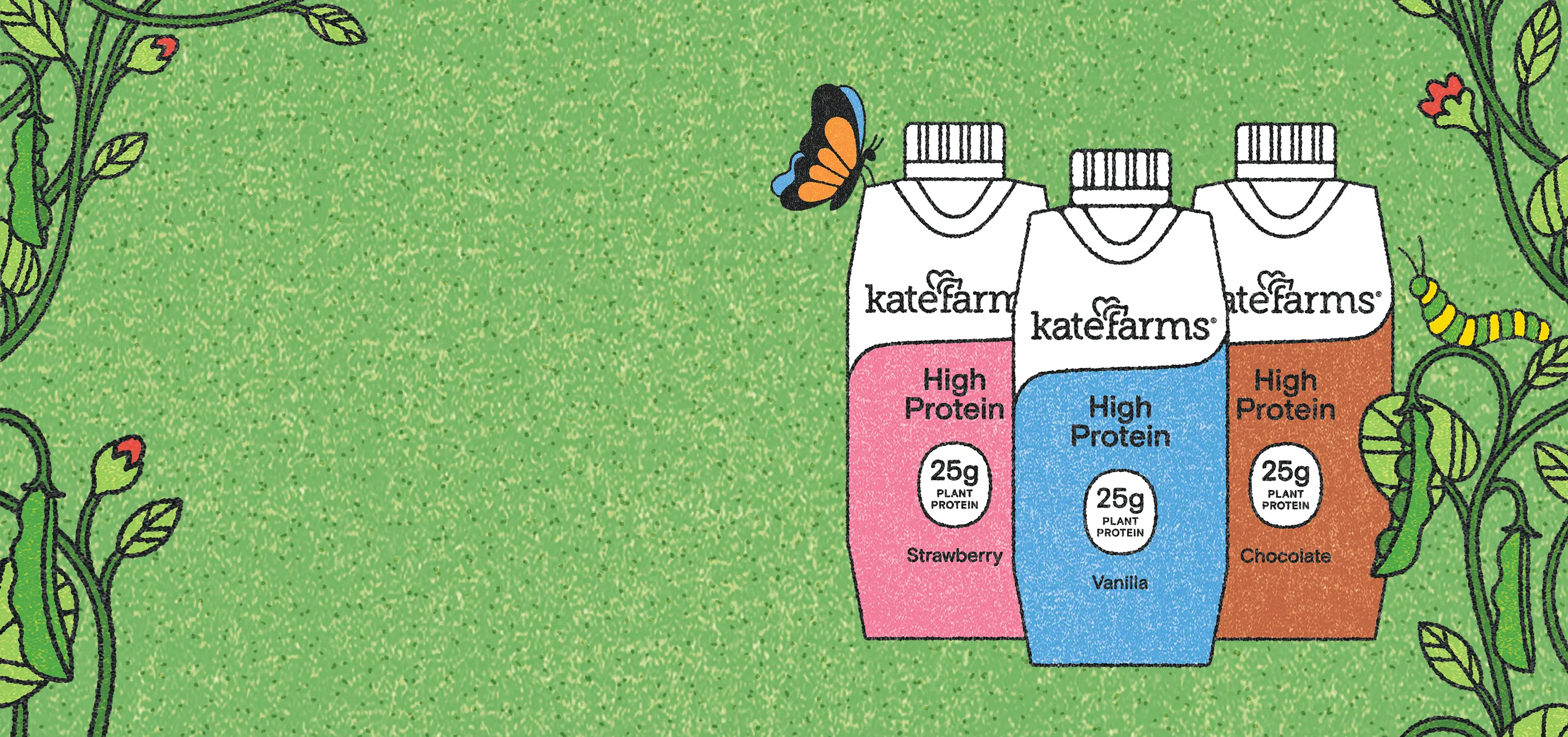 Kate Farms High Protein Nutrition Shake in Strawberry, Vanilla and Chocolate on an illustrated green garden background