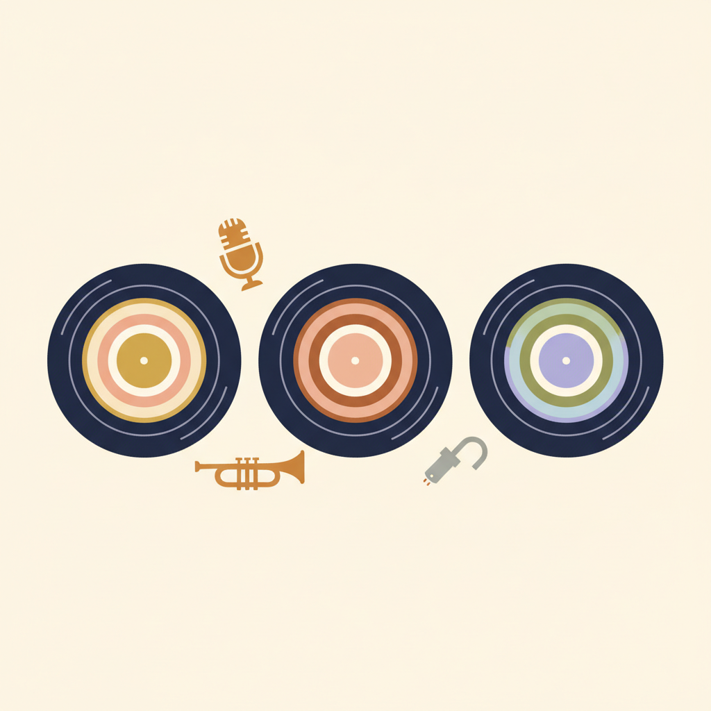 Drei abstrakte Soul-Vinyl-Records mit Mikrofon- und Instrument-Icons, eigene Illustration, connactz, Mai 2026