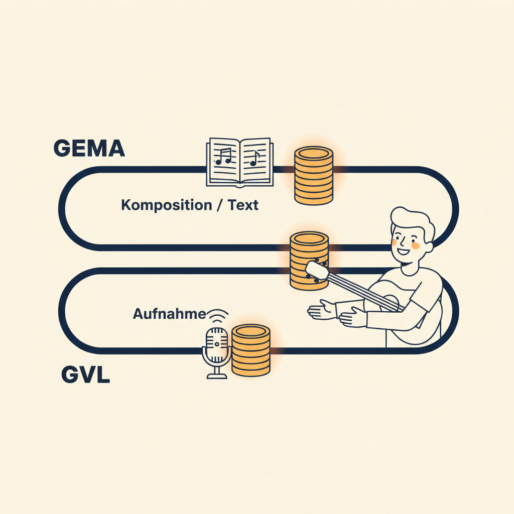 Diagramm: Wie GEMA für die Komposition und GVL für die Aufnahme parallel an Musiker:innen auszahlen (eigenes Schema, connactz, Mai 2026)