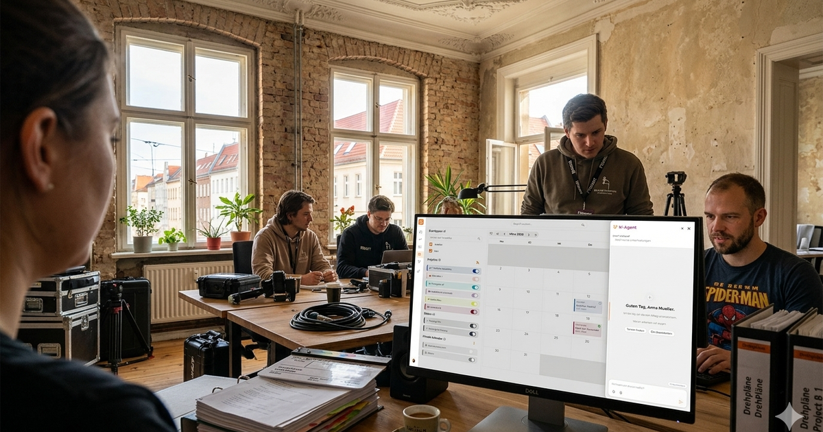 A team working in an office with plants, laptops, and equipment. A computer screen displays a the connactz AI Agents for filmproductions. Bright windows in the background.