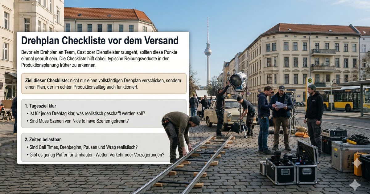Film crew setting up on a city street with checklist overlay; goal and two checklist items about filming and schedule feasibility.