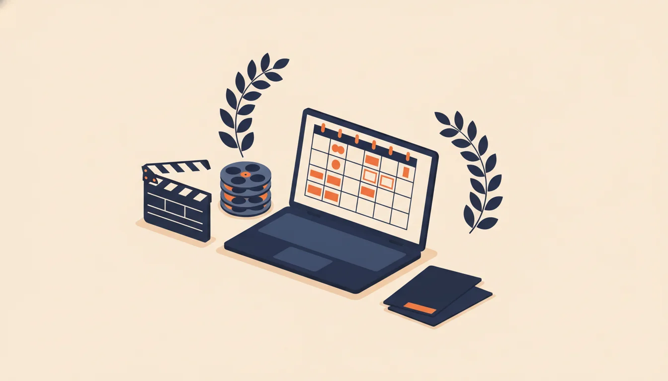 Schreibtisch mit Laptop, der einen Kalender mit markierten Festival-Deadlines zeigt, daneben Filmklappe, Filmrollen, Award-Lorbeeren und Unterlagen – Symbolbild für strategische Filmfestival-Planung mit dem connactz Festival-Strategy-Planner