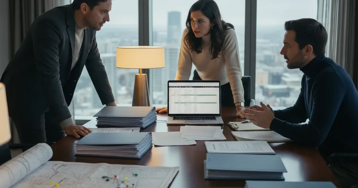 Drei Produzent:innen im Meeting mit Vertragsdokumenten und Laptop, moderne Besprechungssituation