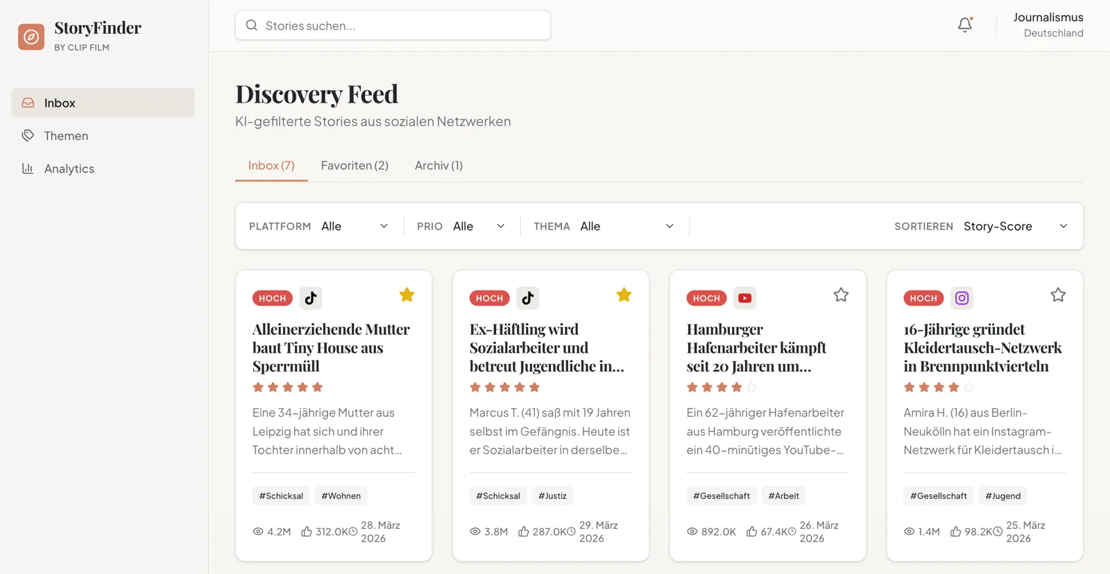 Screenshot connactz Social-Media-Story-Checker, KI-gefilterter Discovery-Feed mit bewerteten Stories aus sozialen Netzwerken, 2026