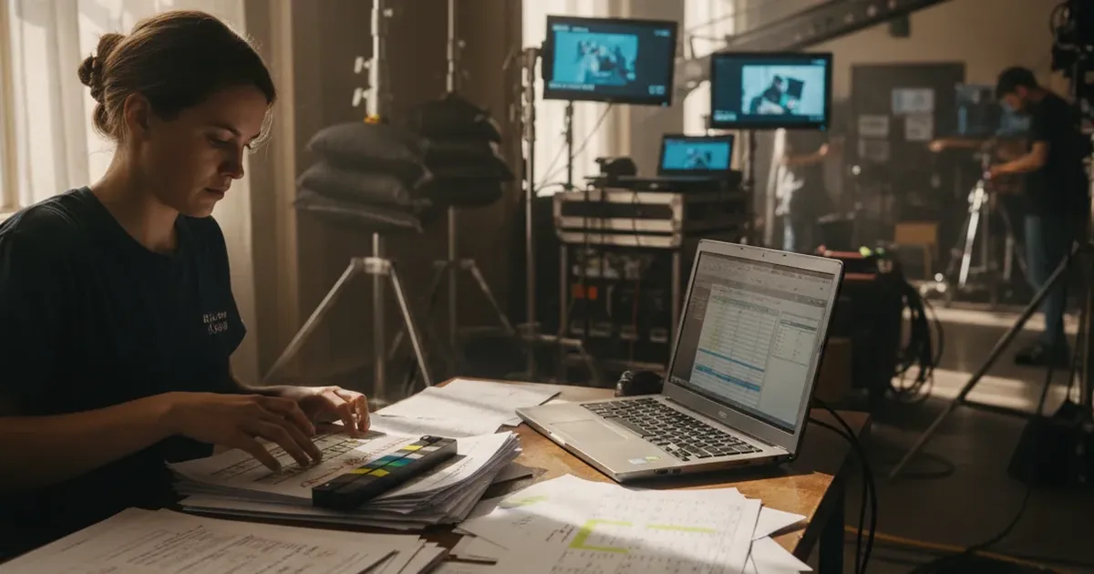 Produktionsassistentin organisiert Call Sheets und Drehpläne am Schreibtisch nahe einem Filmset