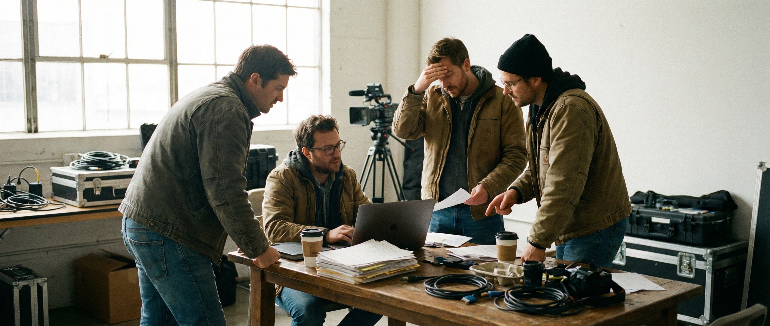 Kleines Filmteam stimmt sich wegen einer Verzögerung am Set ab