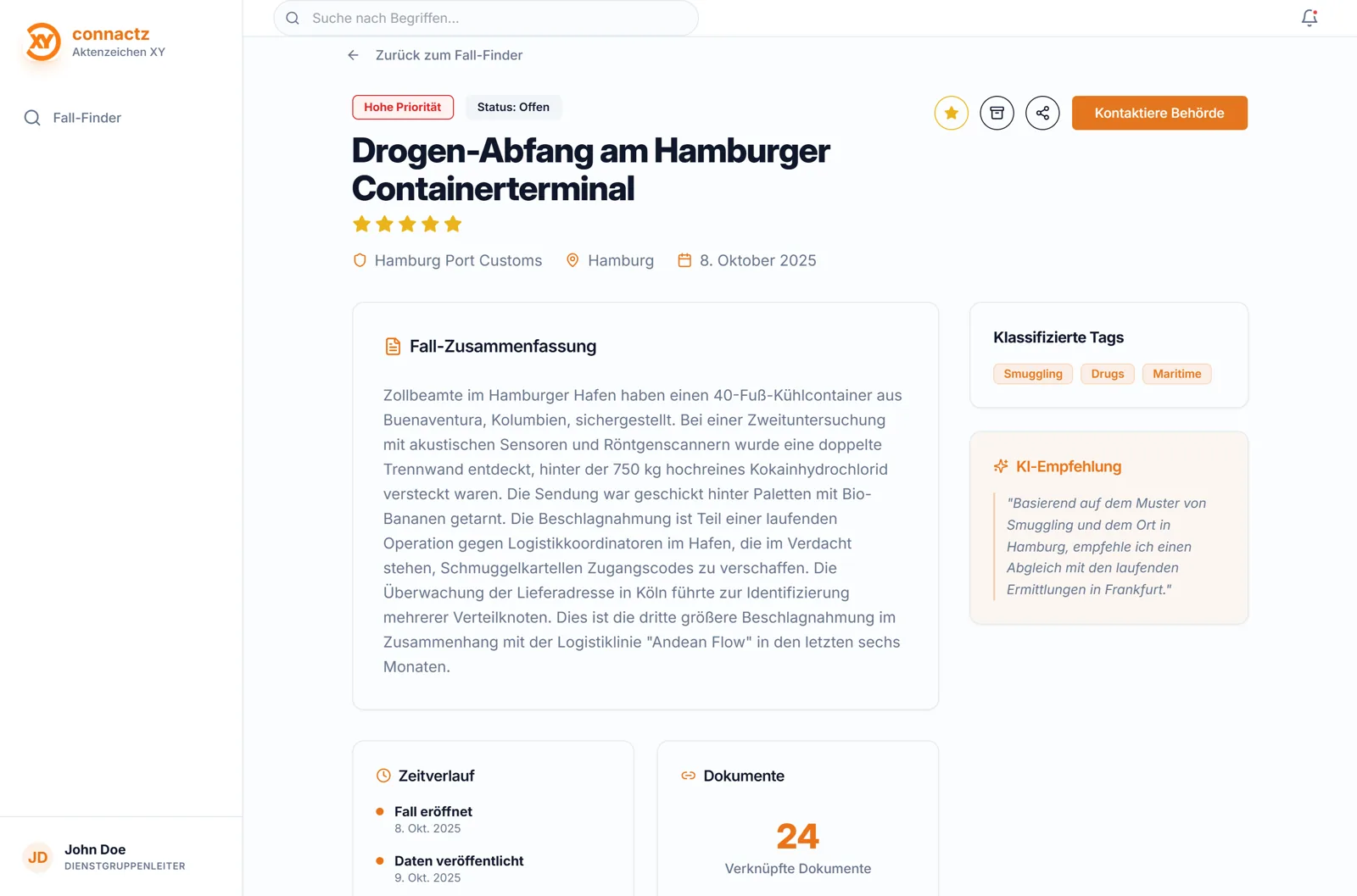 Screenshot connactz Recherche-Tool fuer Aktenzeichen XY, Fallansicht mit Zusammenfassung, klassifizierten Tags und KI-Empfehlung, 2026