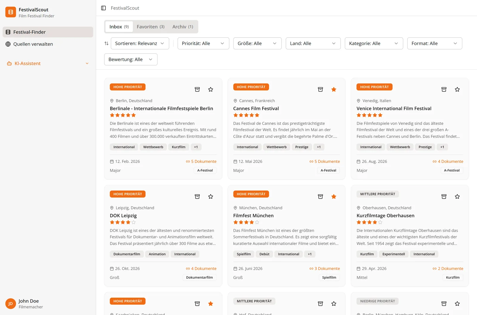 Screenshot connactz Festivalfinder, Uebersicht passender Filmfestivals mit Prioritaet, Einreichfenster und Relevanz-Bewertung, 2026