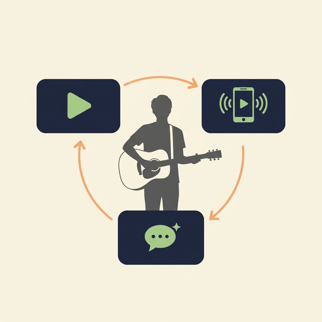 Drei Discovery-Kanaele (Spotify, TikTok, AI-Chat) erreichen Musiker:innen ueber unterschiedliche Signale, eigene Illustration, connactz, Mai 2026