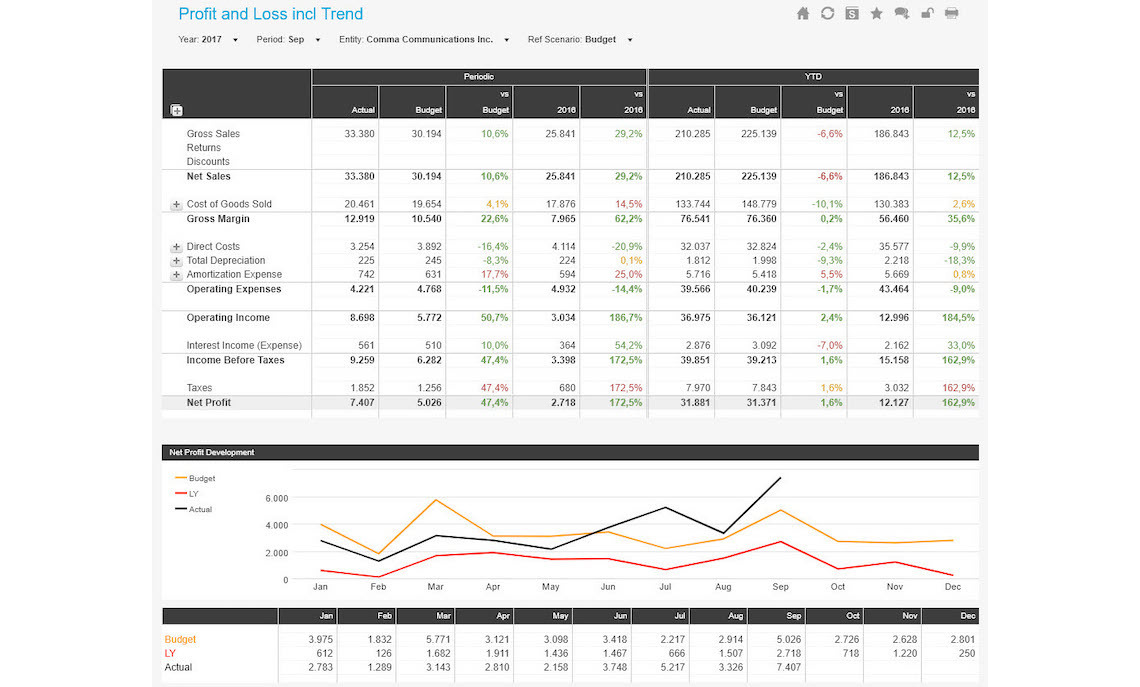 Profit and Loss Dashboard Including Trend Analysis