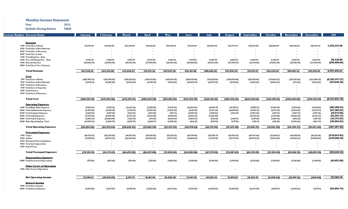 GL Monthly Income Statement