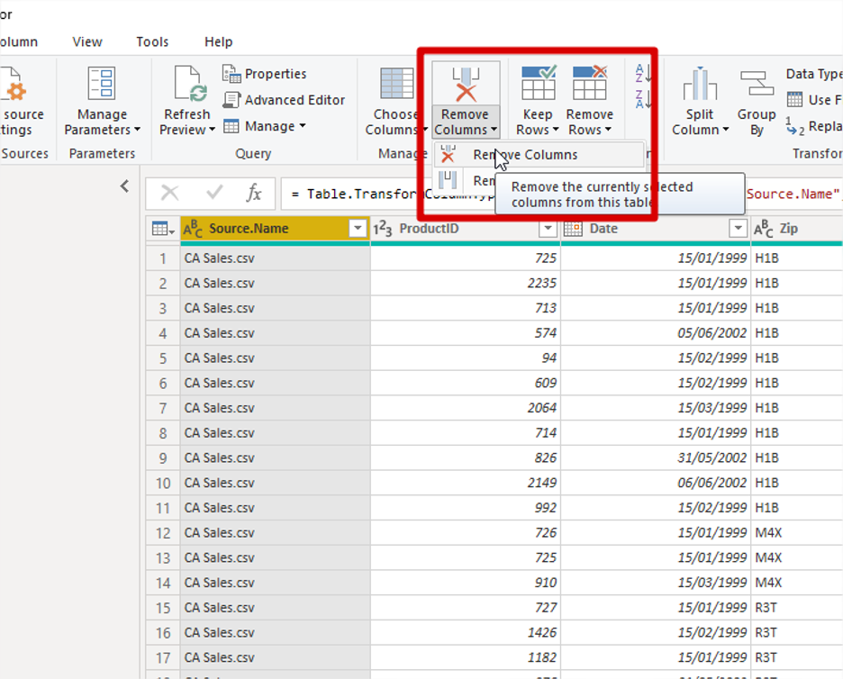 Power Bi Remove Columns