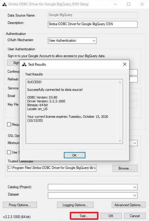 Google BigQuery ODBC Driver Configuration DNS Test