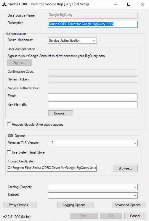 Google BigQuery ODBC Driver Configuration DNS