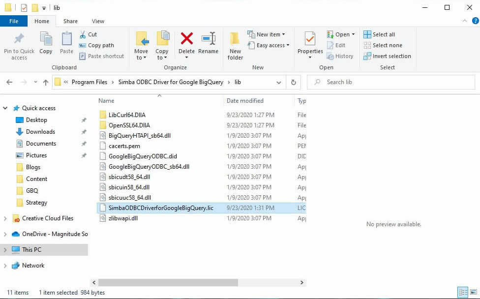 Google BigQuery ODBC Driver Install license