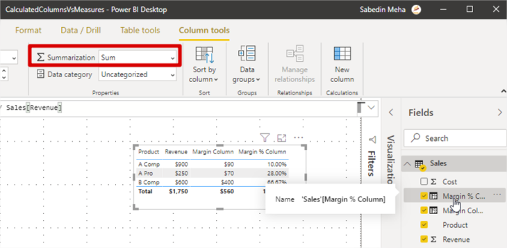 Power Bi Columm Tools Summarization