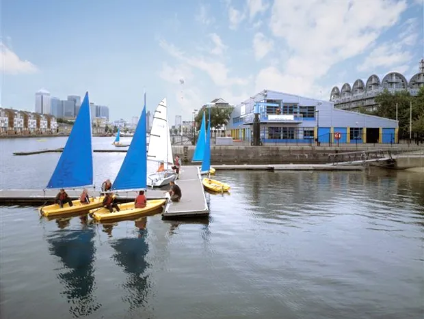 Boats outside Surrey Docks Fitness and Watersports Centre near Surrey Quays and Canada Water for sailing course