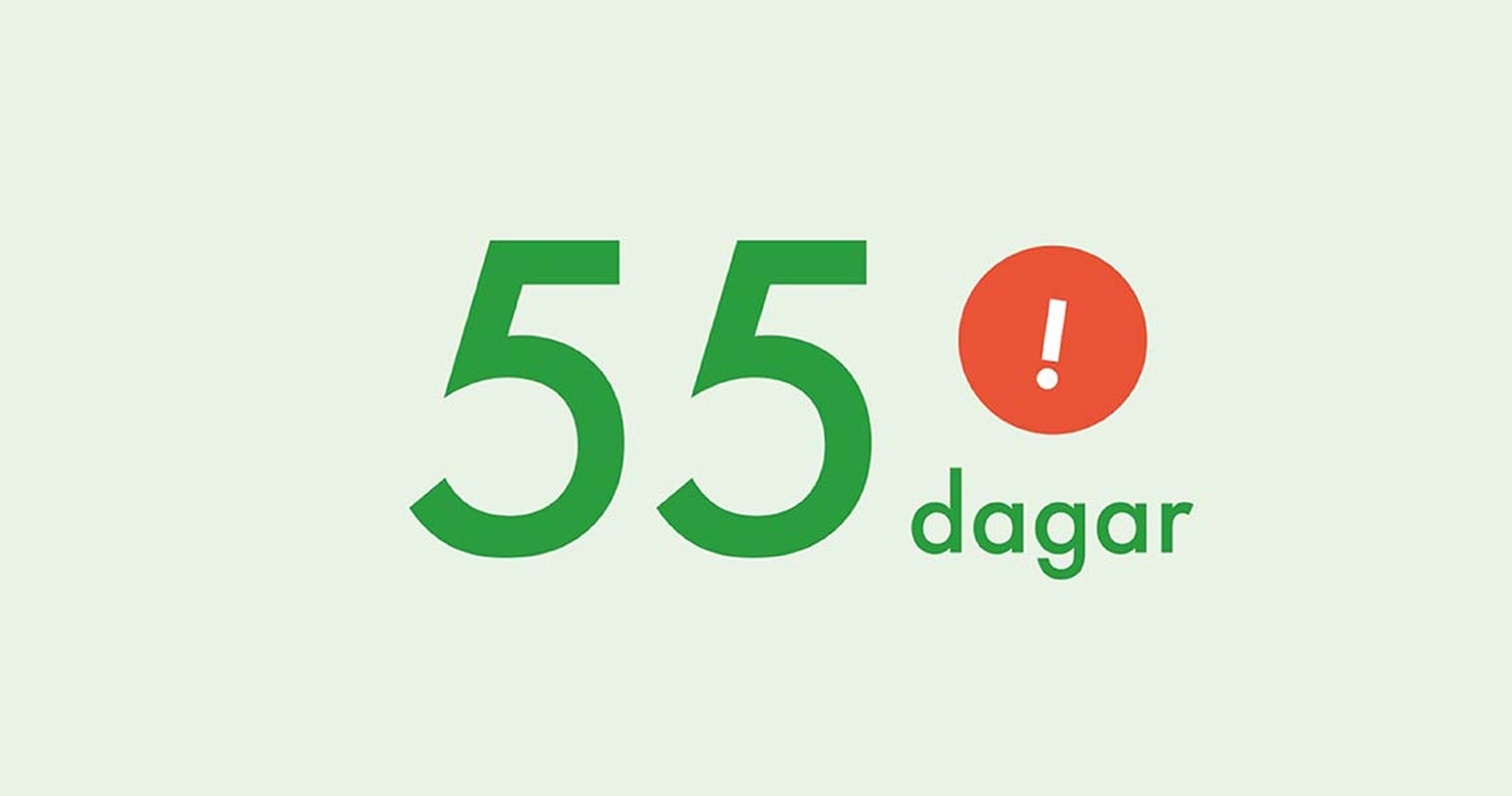 Mörkgrön text mot ljusgrön bakgrund som säger "55 dagar" med kontrasterande röd cirkel med centrerat vitt utropstecken