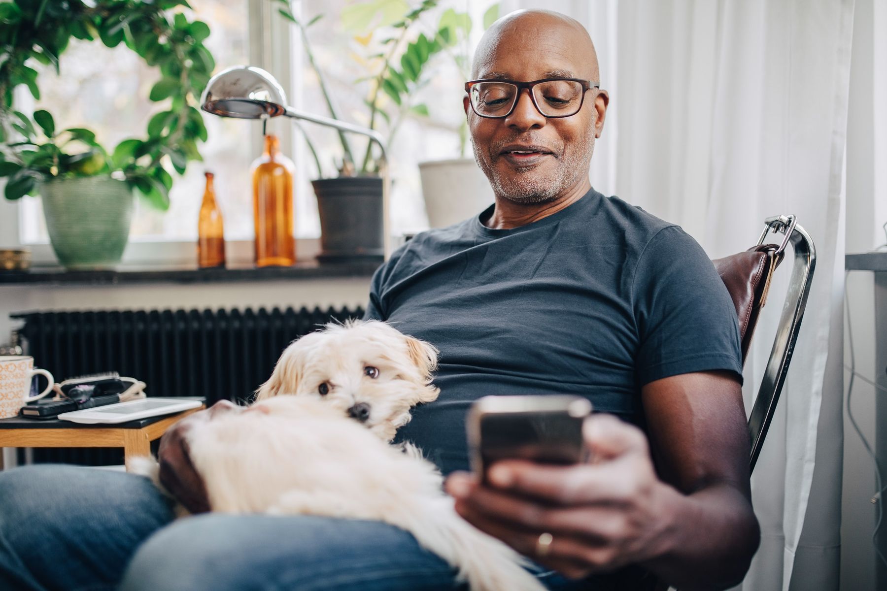 Mand sidder i en lænestol med en lille hund i skødet og kigger på sin mobiltelefon. Indendørs, omgivet af planter.