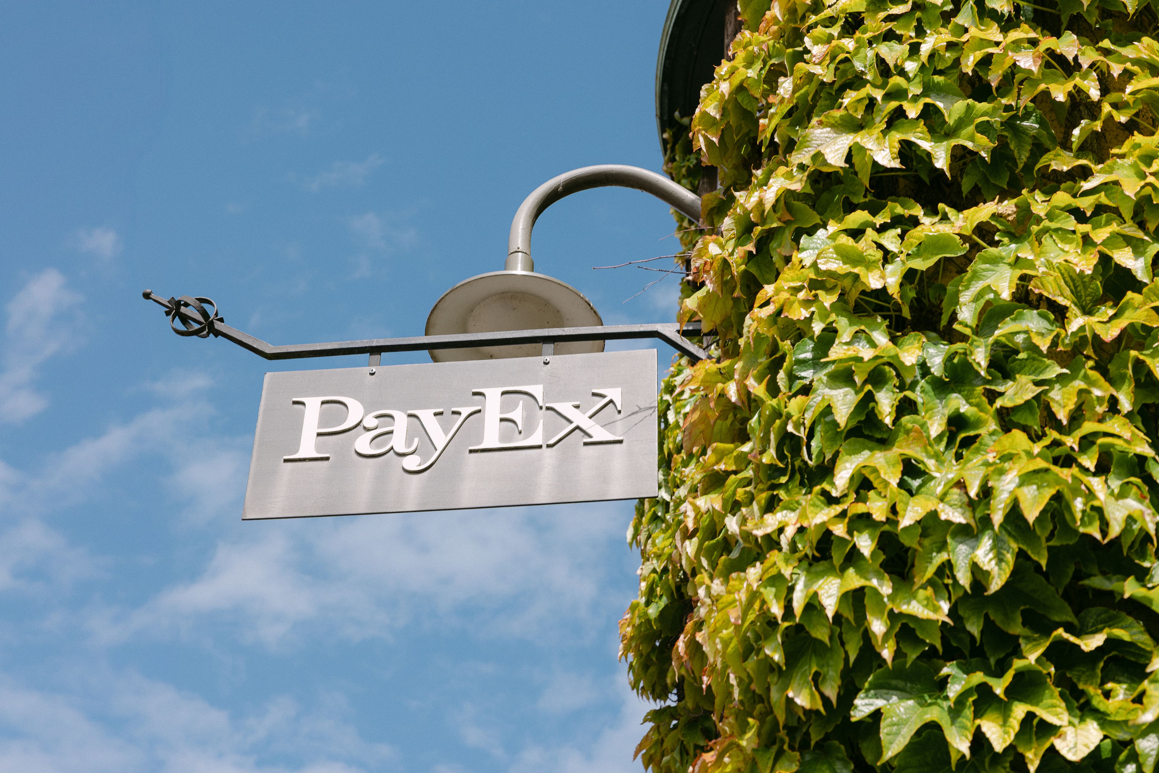 Grå skilt i metal med teksten PayEx i hvidt. Billedet er taget i frøperspektiv skråt opad mod en klar blå himmel. Skiltet er fastgjort på en facade helt dækket af vedbend.