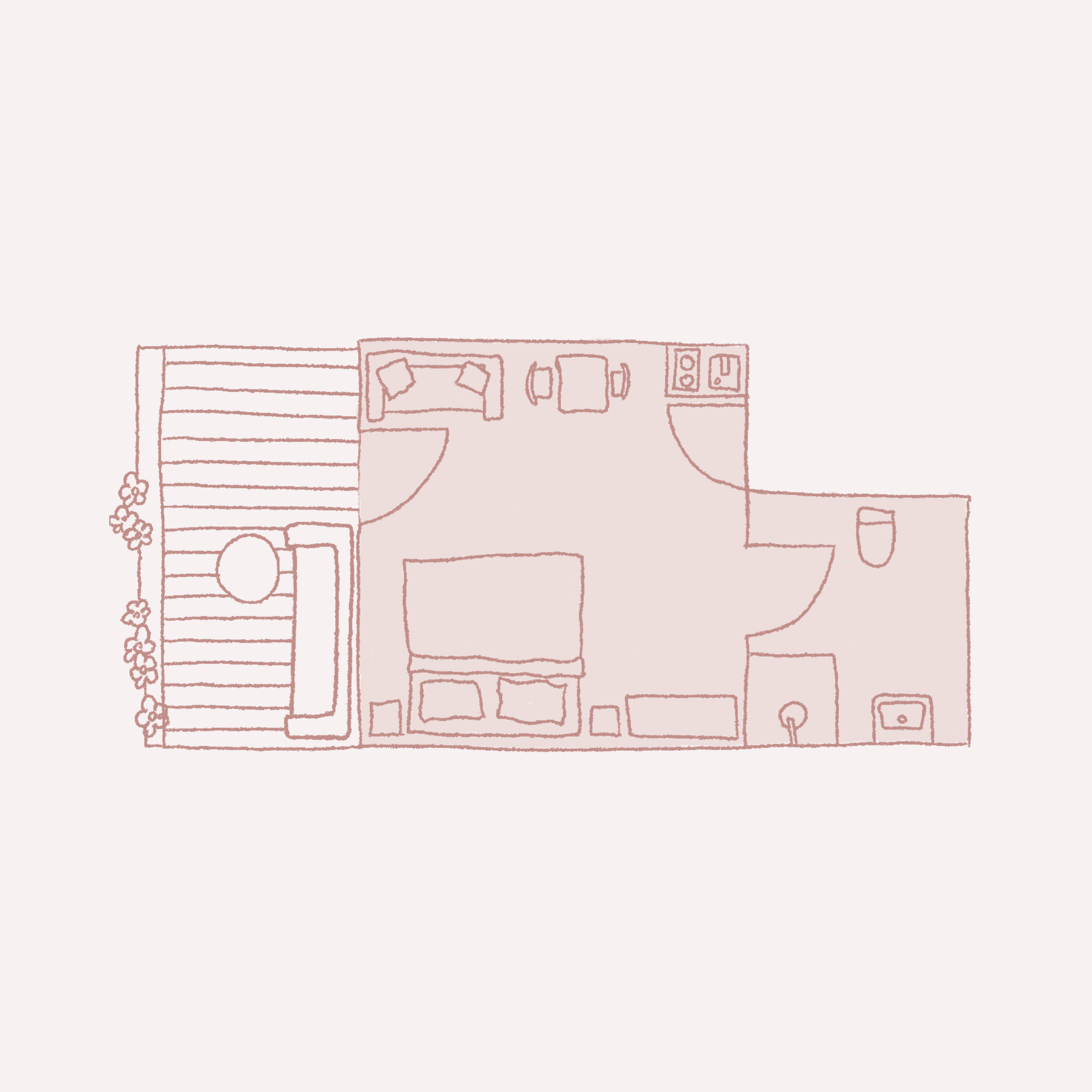 Grundriss eines kleinen Hauses mit Terrasse, Wohn-, Schlaf- und Badezimmer; einfache Möbel und Pflanzen an der Terrasse.