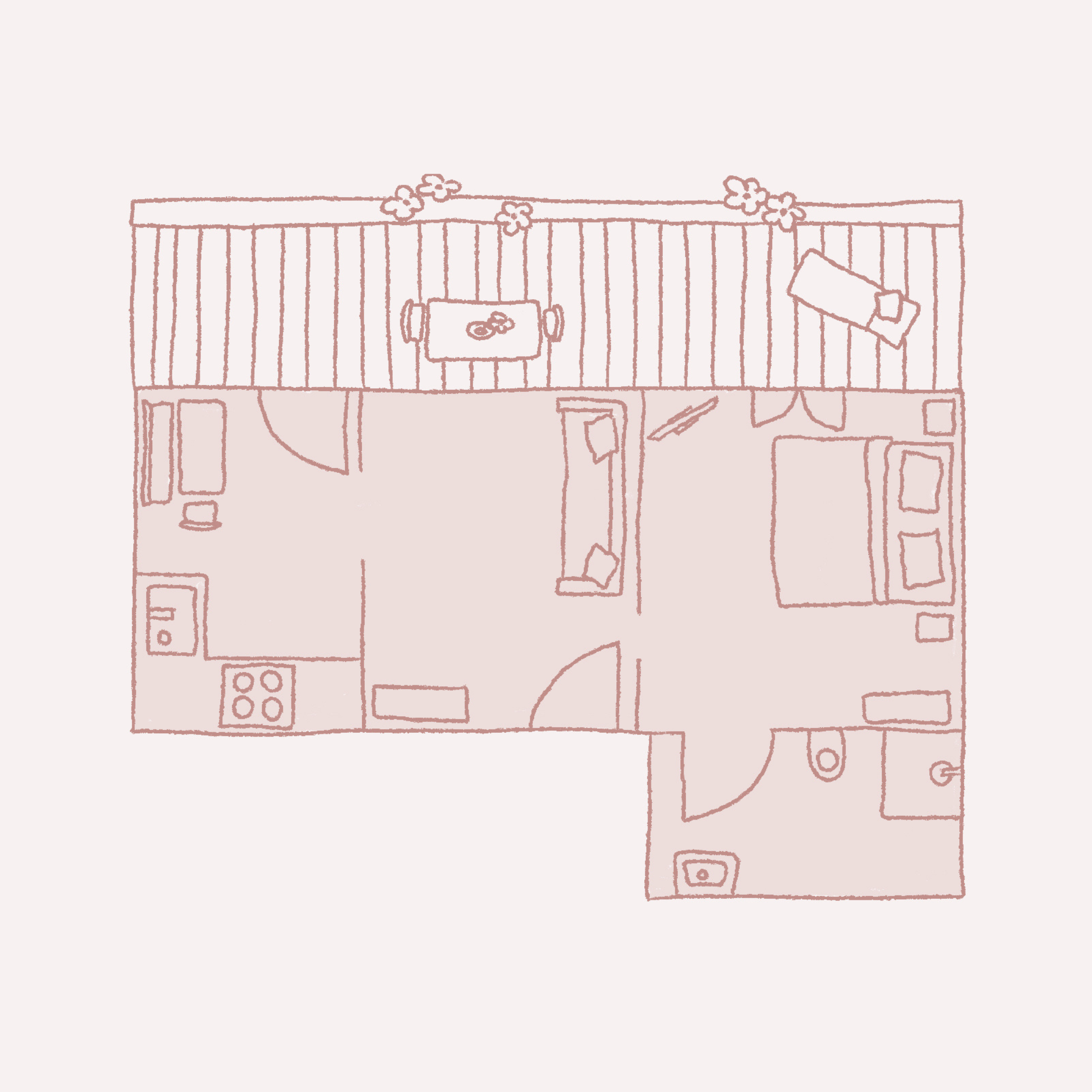 Skizze eines kleinen, rechteckigen Grundrisses mit Küche, Schlafzimmer, Wohnzimmer, Bad und einer Terrasse mit Tisch, Pflanzen und Liege.