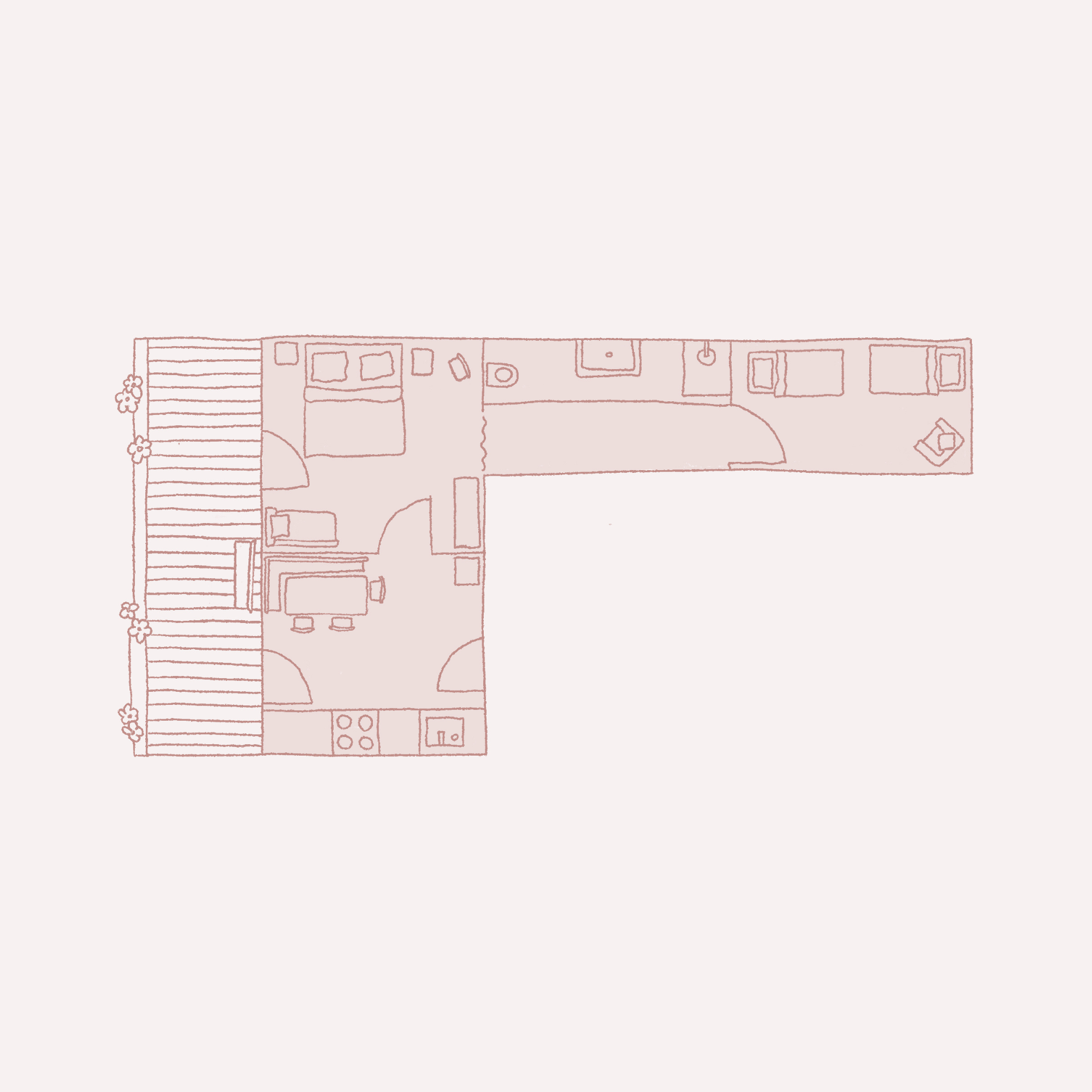 Grundriss eines L-förmigen Hauses mit Schlafzimmer, Küche, Badezimmer, Wohnzimmer und Balkon mit Pflanzen.