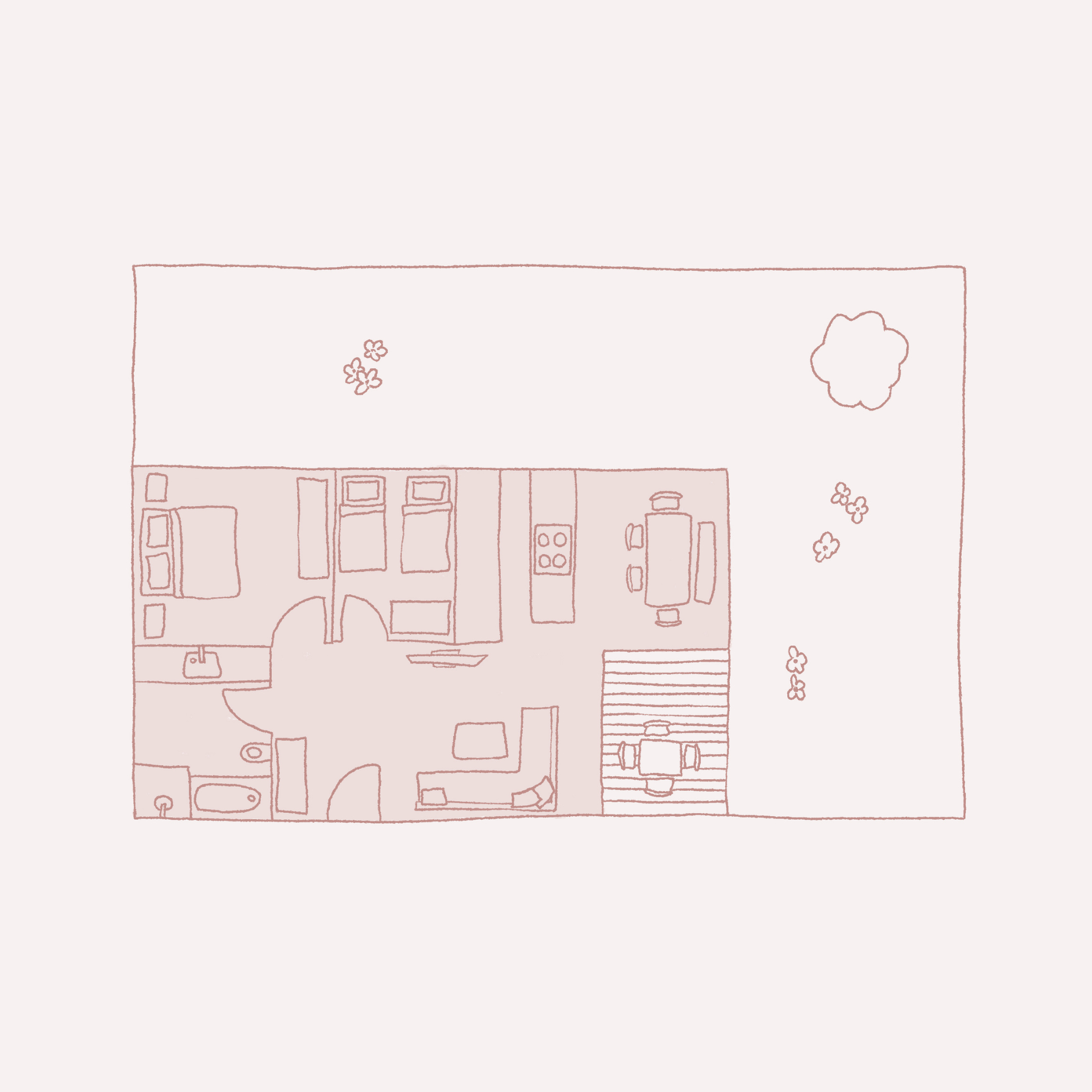 Sketch eines Hausgrundrisses mit Schlafzimmer, Badezimmer, Küche und Essbereich; angrenzender Garten mit Baum und Blumen.