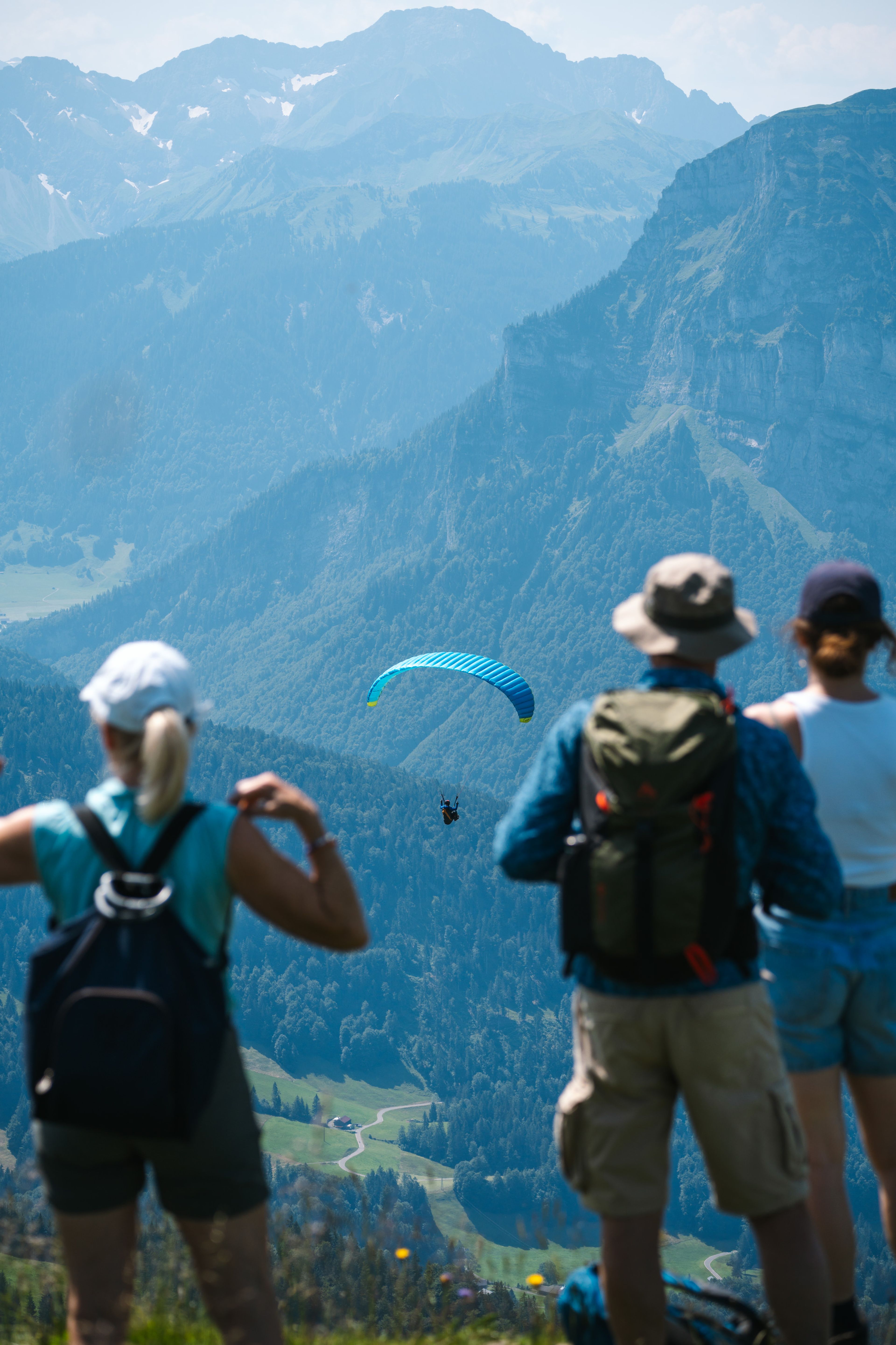Drei Personen beobachten einen Gleitschirmflieger über einer grünen Berglandschaft mit schneebedeckten Gipfeln im Hintergrund.