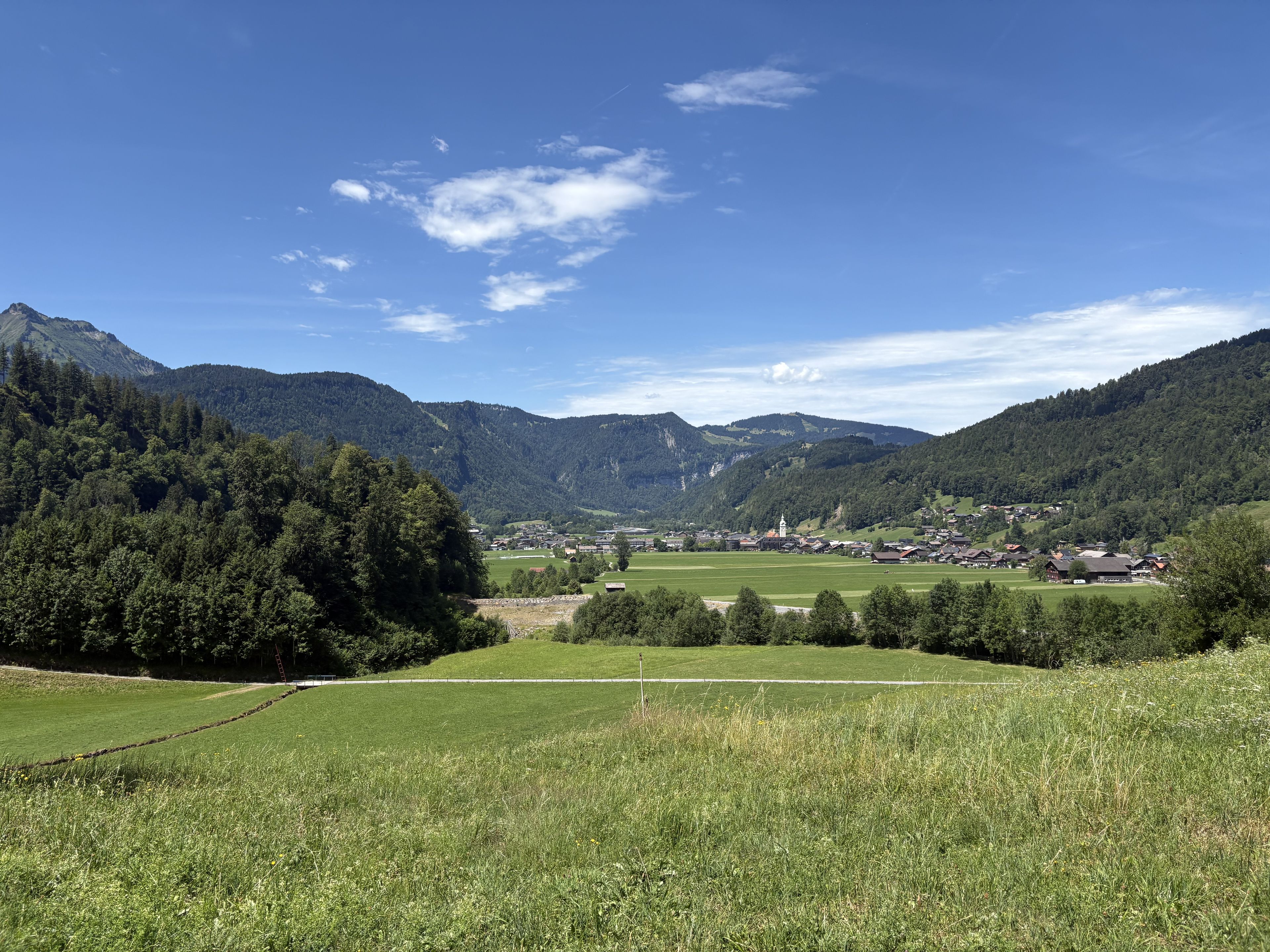Grüne Wiesen und Wälder, eine kleine Siedlung im Tal, umgeben von bewaldeten Bergen unter einem klaren blauen Himmel mit wenigen Wolken.