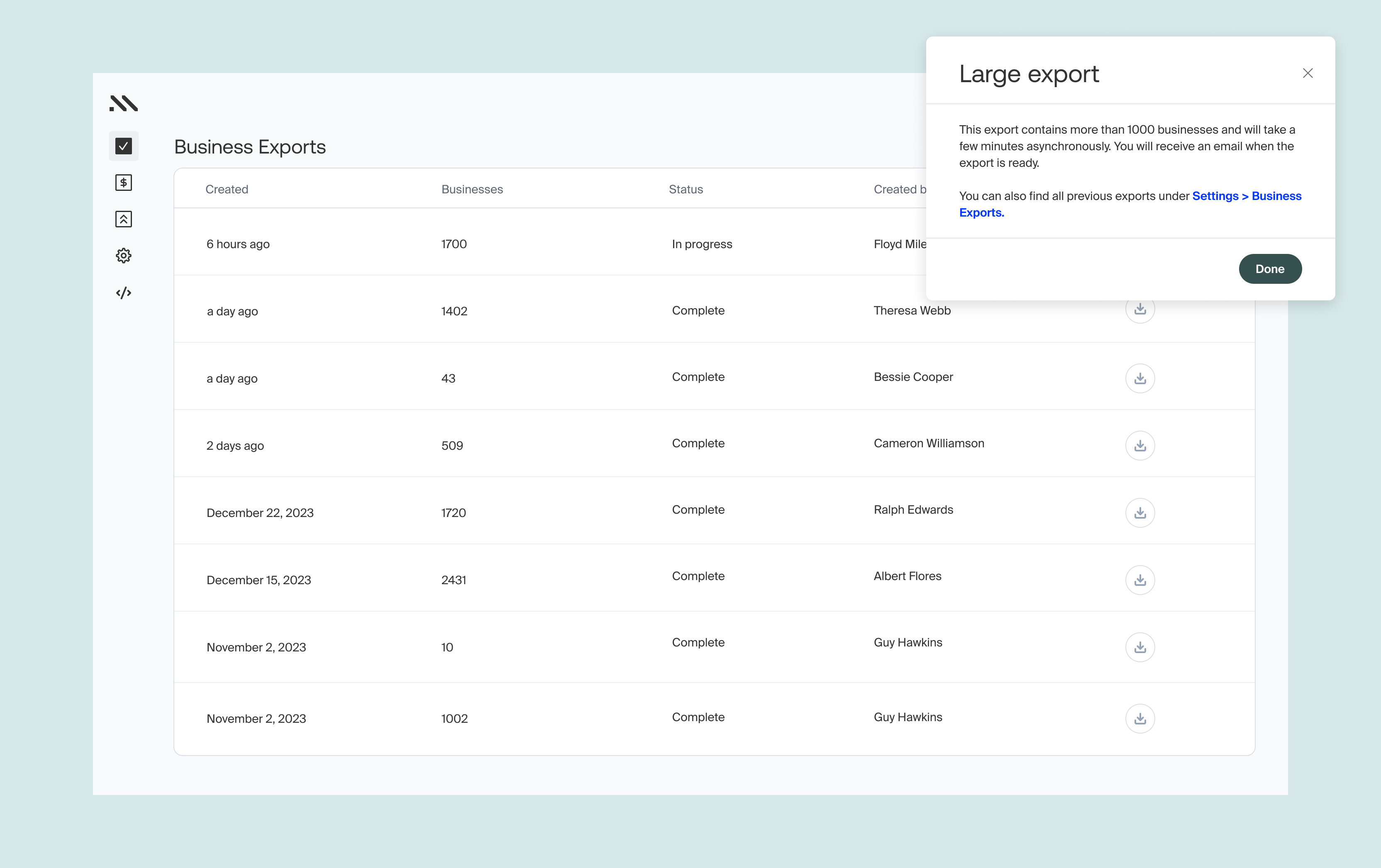 Middesk Screening large business export
