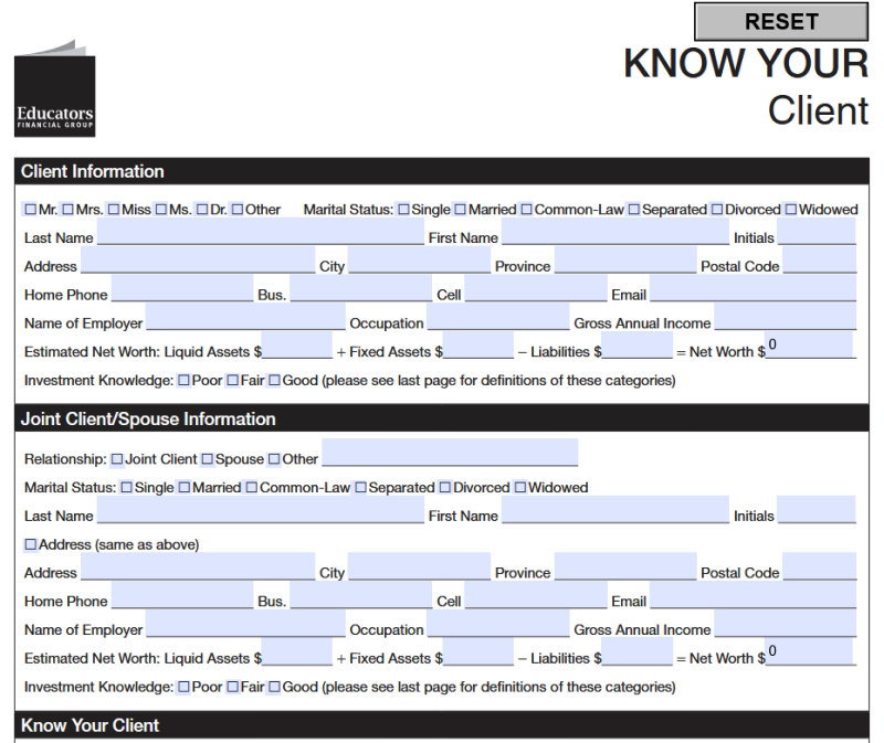 Educators Financial Group Know Your Client form