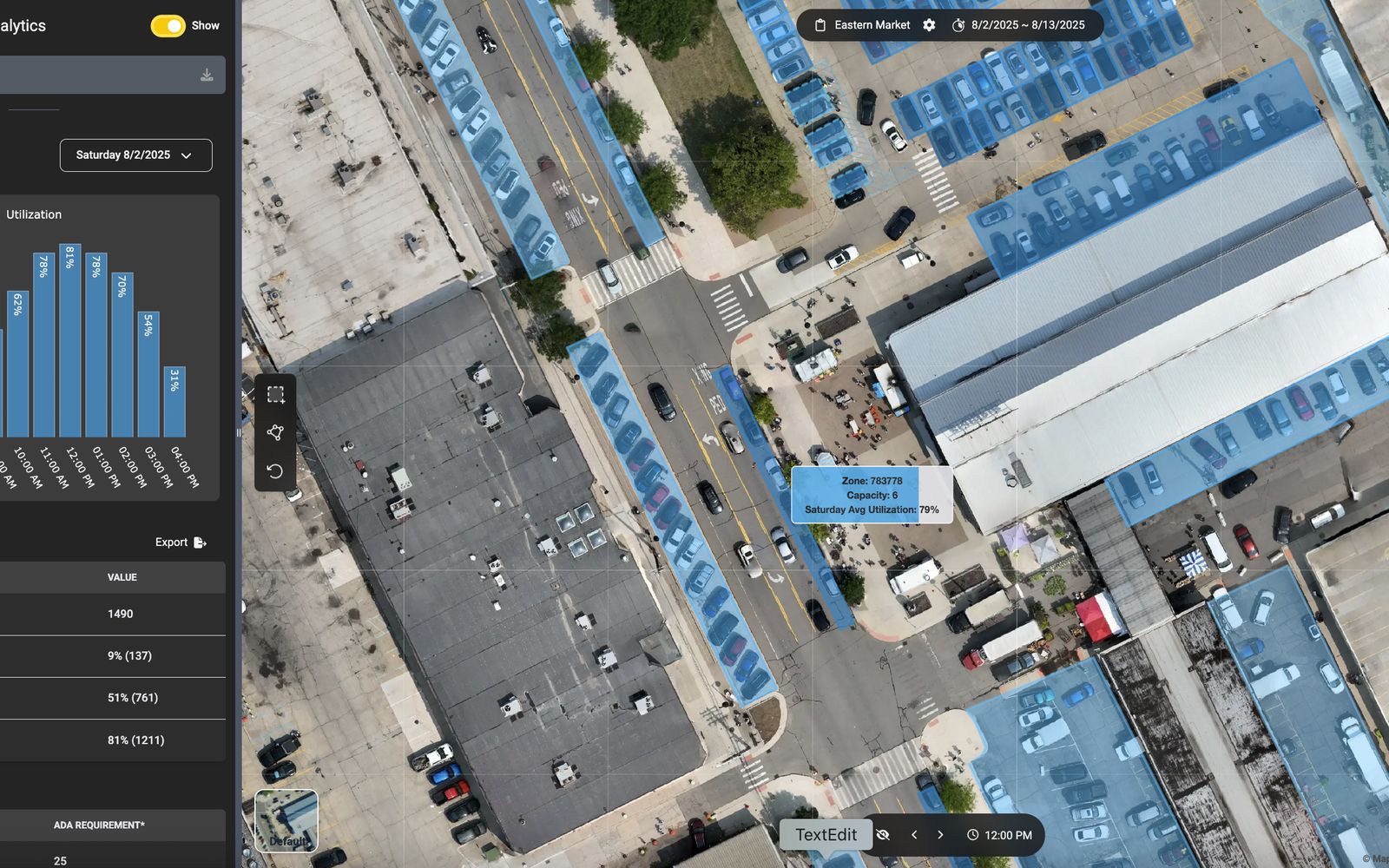 The combination of utilization overlays with the birds eye view from the drone helps tell the true parking story.