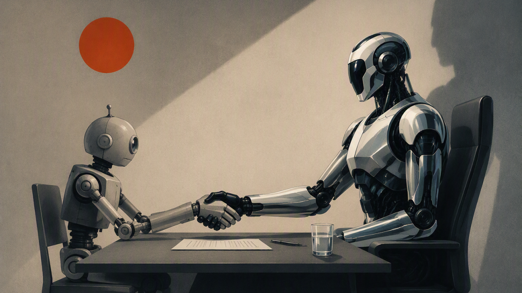 Een klein robotje en een grote robot schudden elkaar de hand aan een onderhandelingstafel