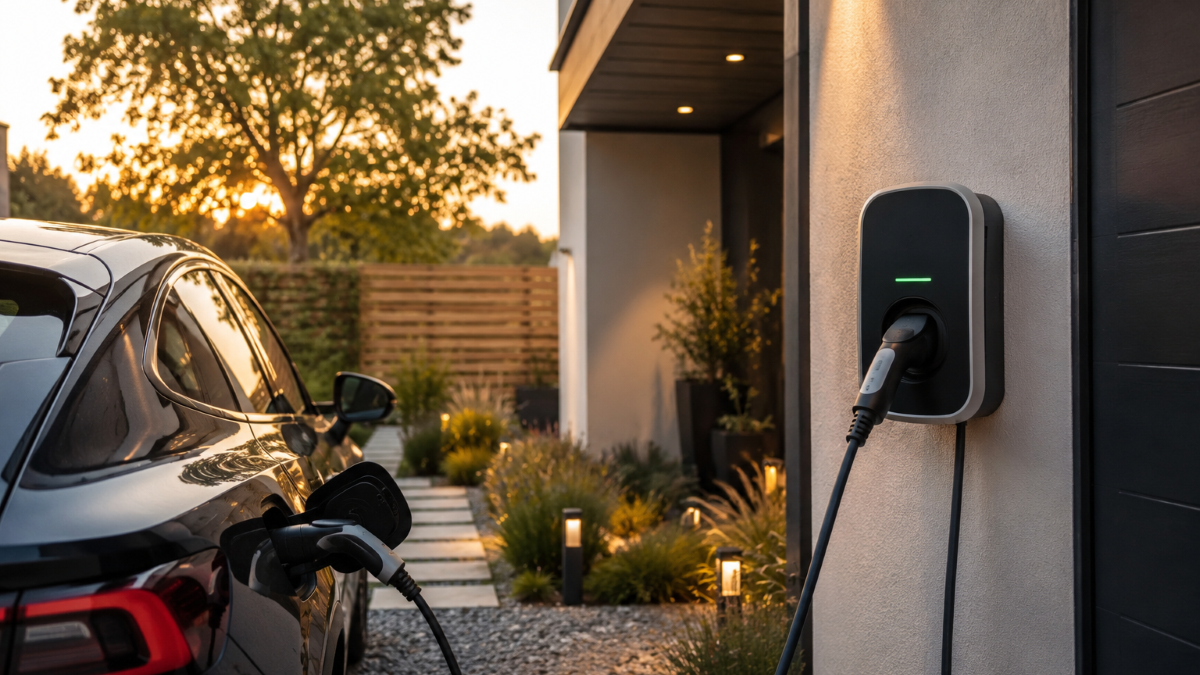 Electric car charging at home at dusk with a connected charging cable