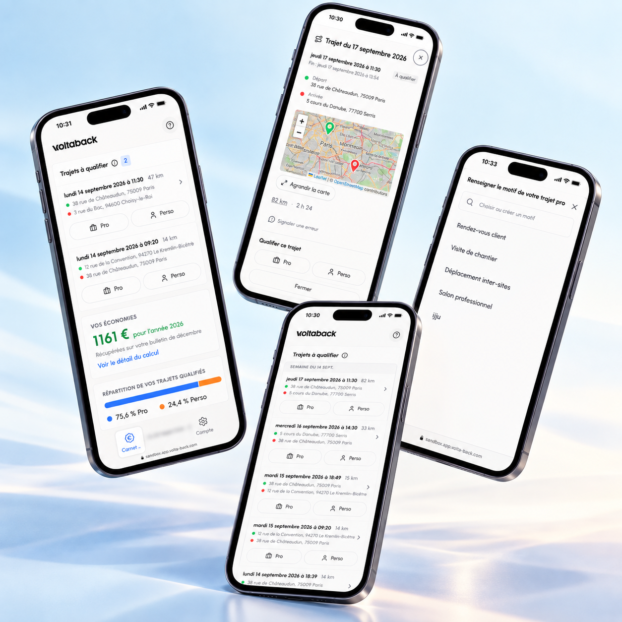 Application Voltaback pour l'avantage en nature des véhicules de fonction : qualification des trajets professionnels et personnels, part privée et économies affichées