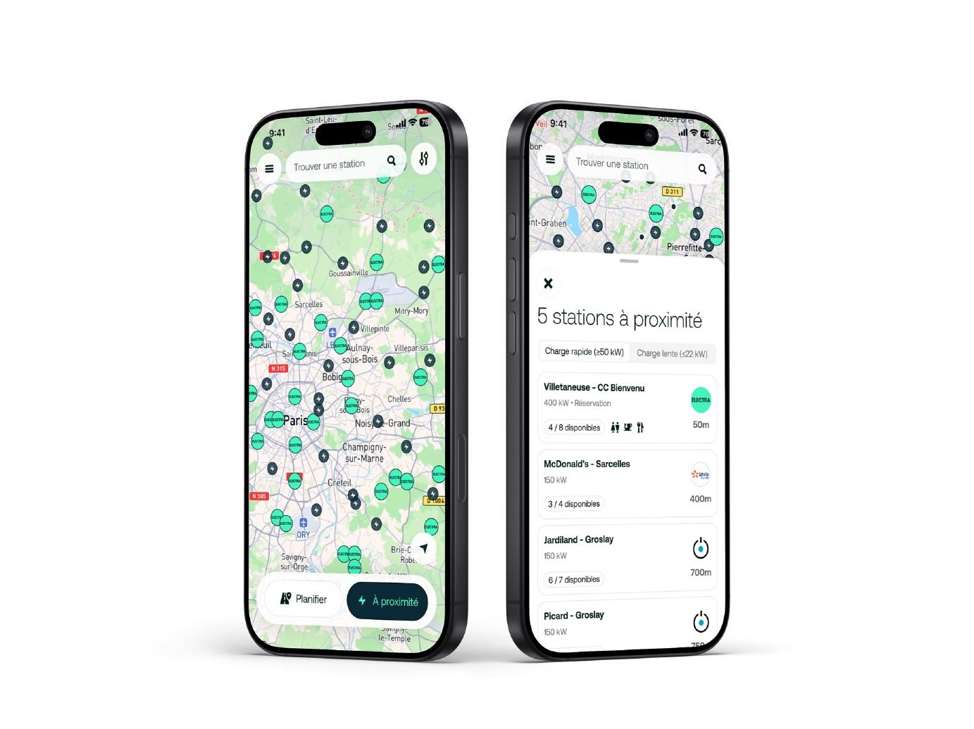 Application Electra affichant la carte des stations de recharge à proximité