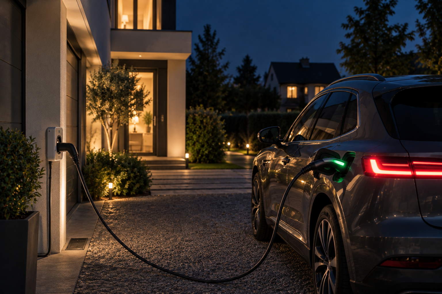 Voiture de fonction électrique en recharge la nuit à domicile en heures creuses