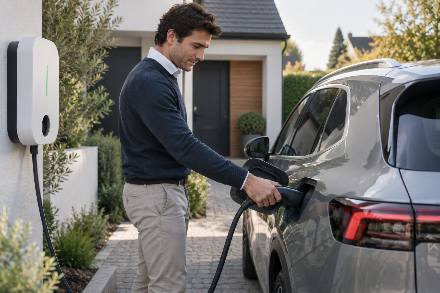 Conducteur d'une flotte d'entreprise rechargeant sa voiture électrique de société à domicile sur une prise renforcée en 2026