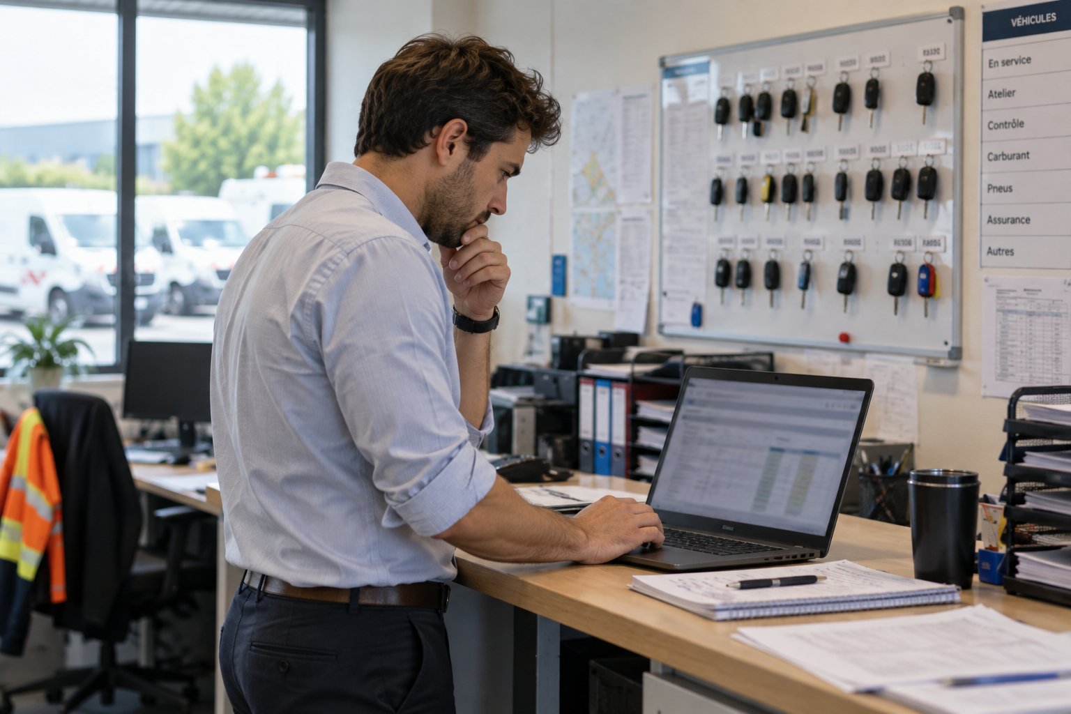 Gestionnaire de flotte consultant le kilométrage de véhicules d'entreprise sur un tableau de bord sans carte de géolocalisation