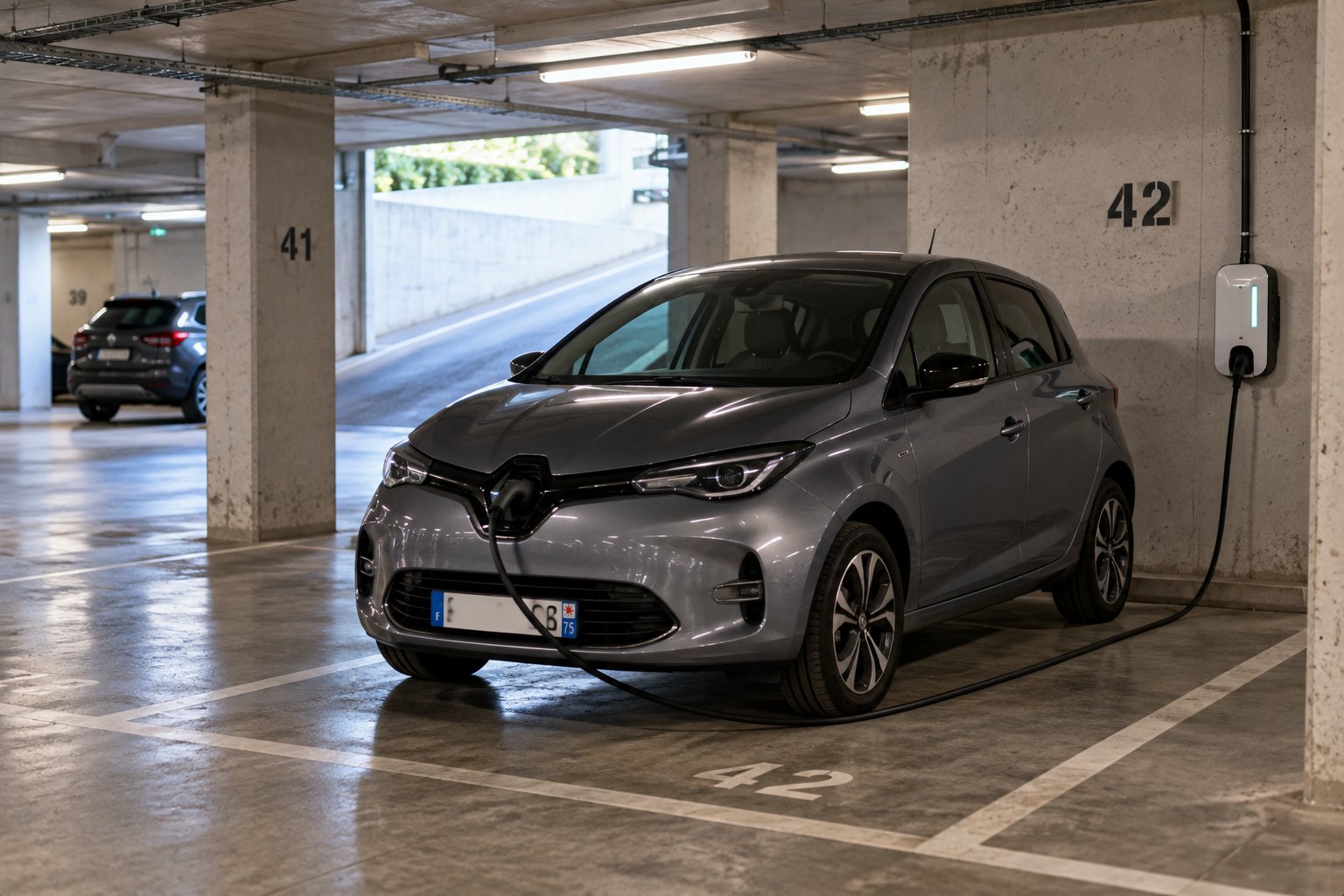Voiture de fonction électrique en recharge dans le parking d'une copropriété
