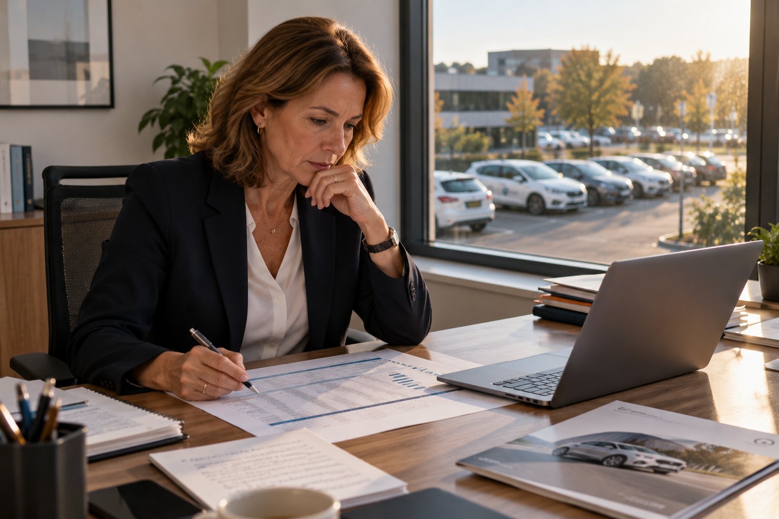 Directrice financière comparant le TCO d'une flotte automobile électrique et diesel sur 4 ans