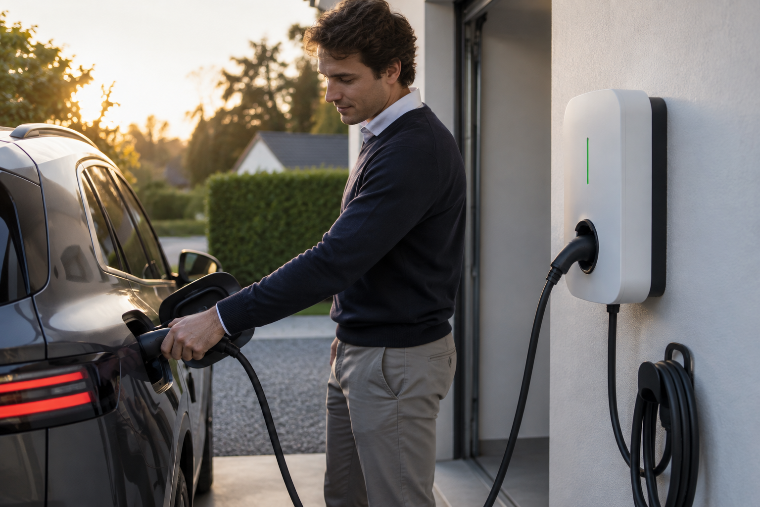 Conducteur branchant en sécurité une voiture électrique de société sur une borne murale à domicile en 2026