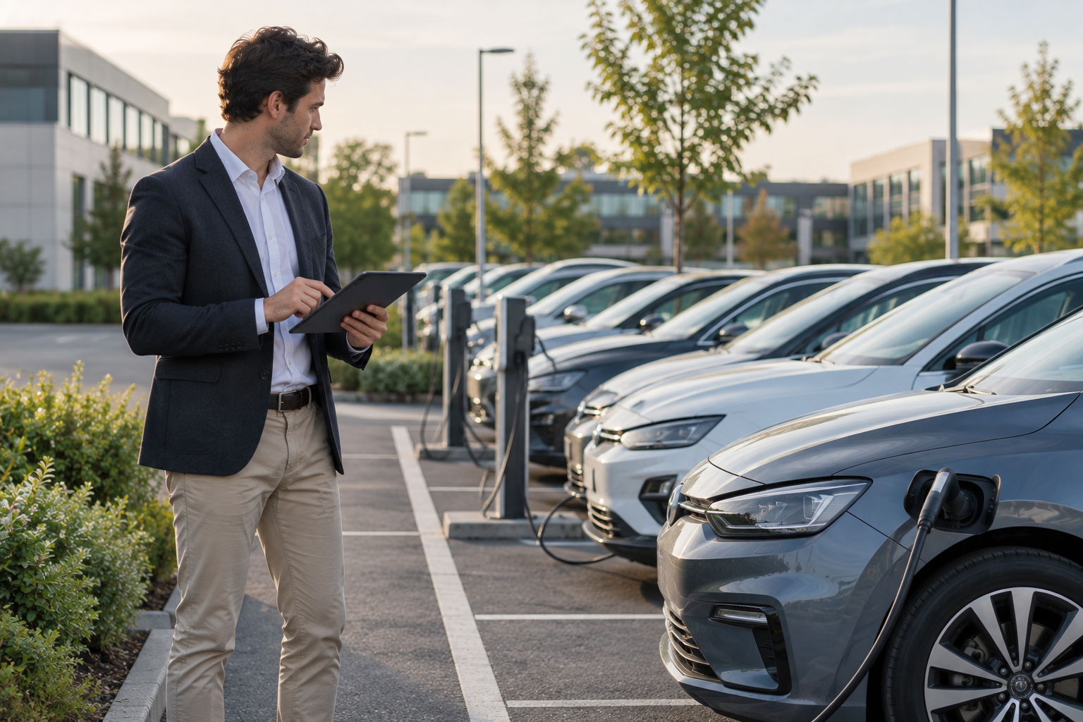Parc de véhicules électriques de société et gestionnaire de flotte, illustrant la logistique d'équipement en câbles en 2026