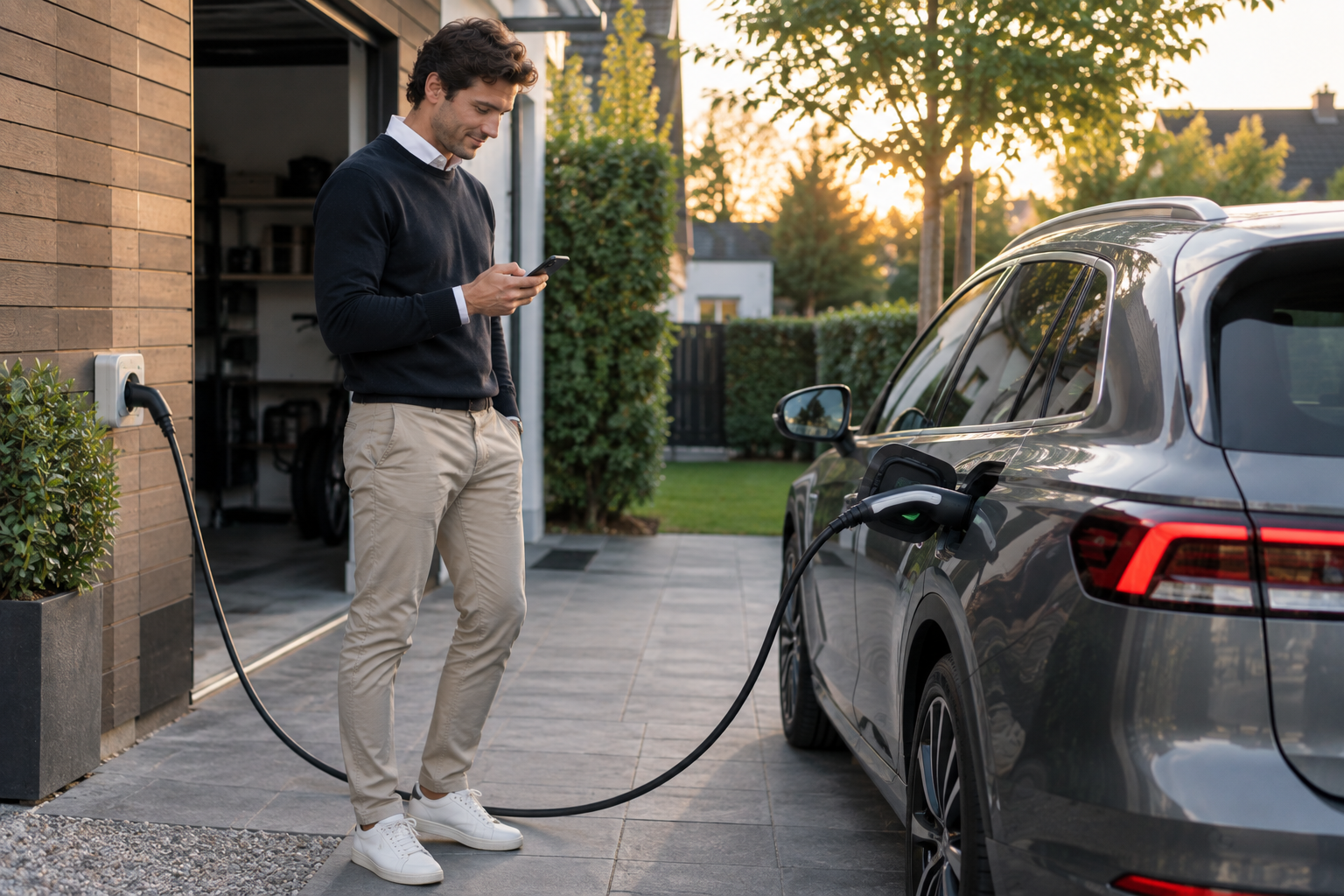 Conducteur branchant sa voiture de fonction électrique sur une prise renforcée à domicile
