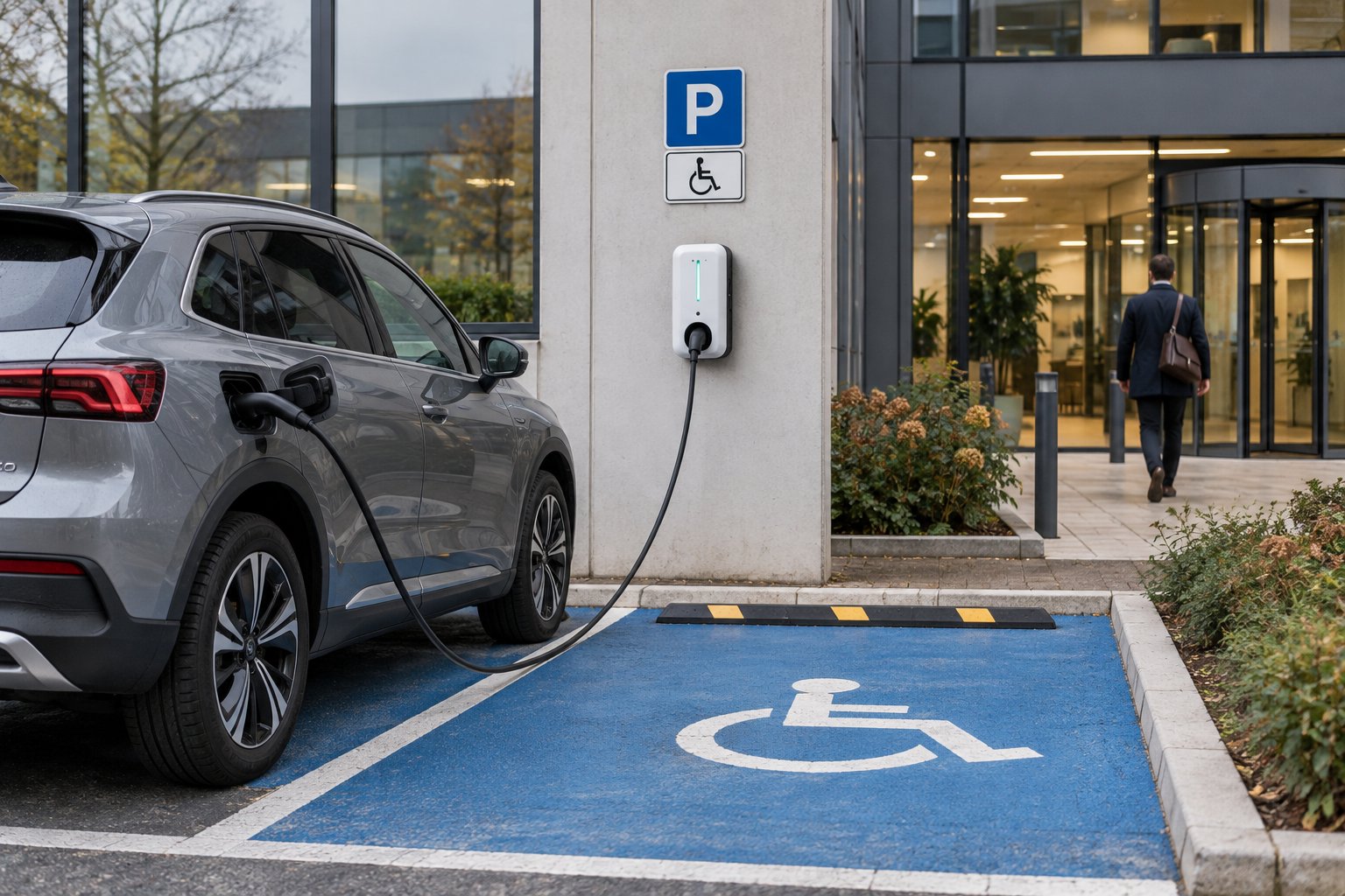 Place de parking accessible PMR équipée d'une borne de recharge sur le parking d'une entreprise